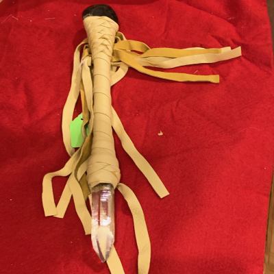 Medium length Deerskin covered wand with laborite on one end and a crystal point