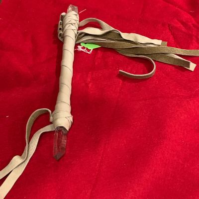 Deerkin covered wand with clear quartz and a rare green amethyst on the other en